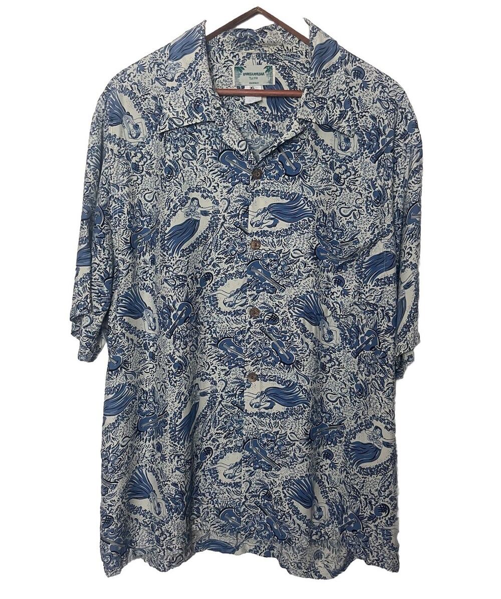 Vintage Kamehameha Hawaiian Shirt Hula Girls Ukulelele Floral Men’s Sz XL Blue